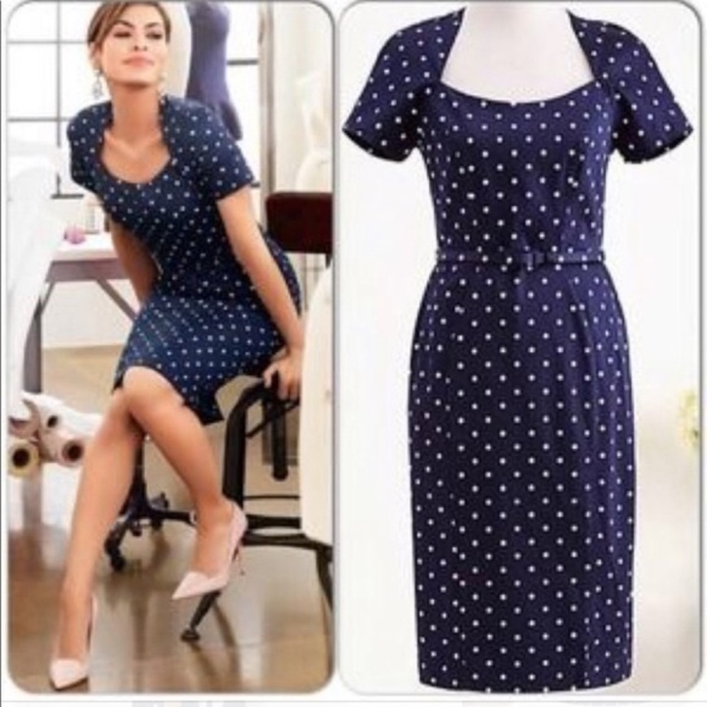 Eva Mendes New York & Co Blue Polka Dot Midi Dress